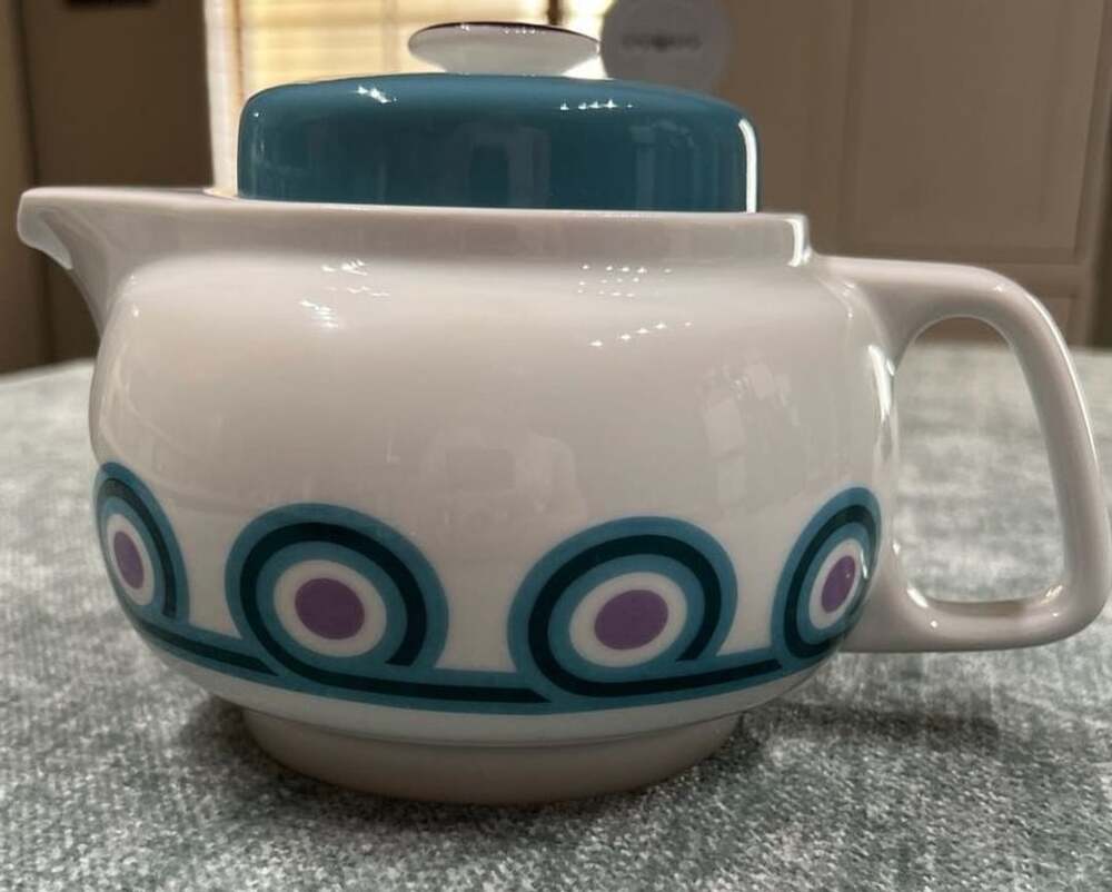 Capean Spain Mid-Century Modern Teapot, Teal and Purple Circle Pattern